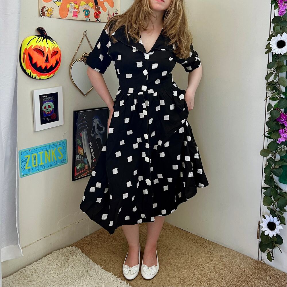 Vintage 1980s Toppings Black Polka Dot Dress Medium Retro Pinup Housewife